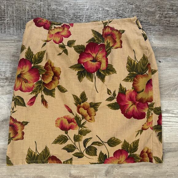 Vintage Floral Linen Skirt Beige Red Hibiscus Print Mini Made in USA Size M - Picture 3 of 4